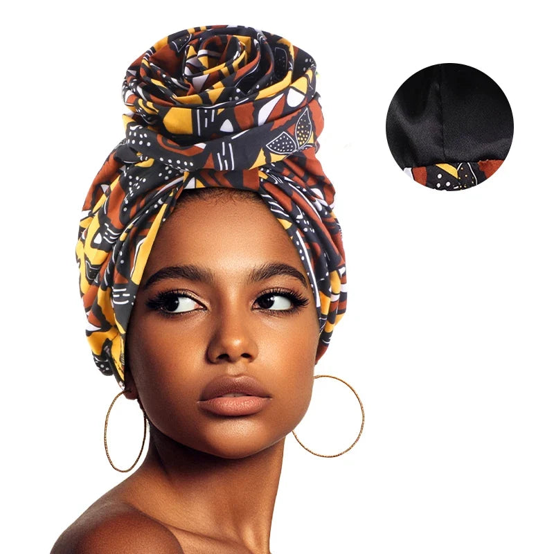 African Satin Lined Turban Cap - Floral Print Big Flower Headwrap Bonnet for Women Muslim Headscarf Beanie Hat