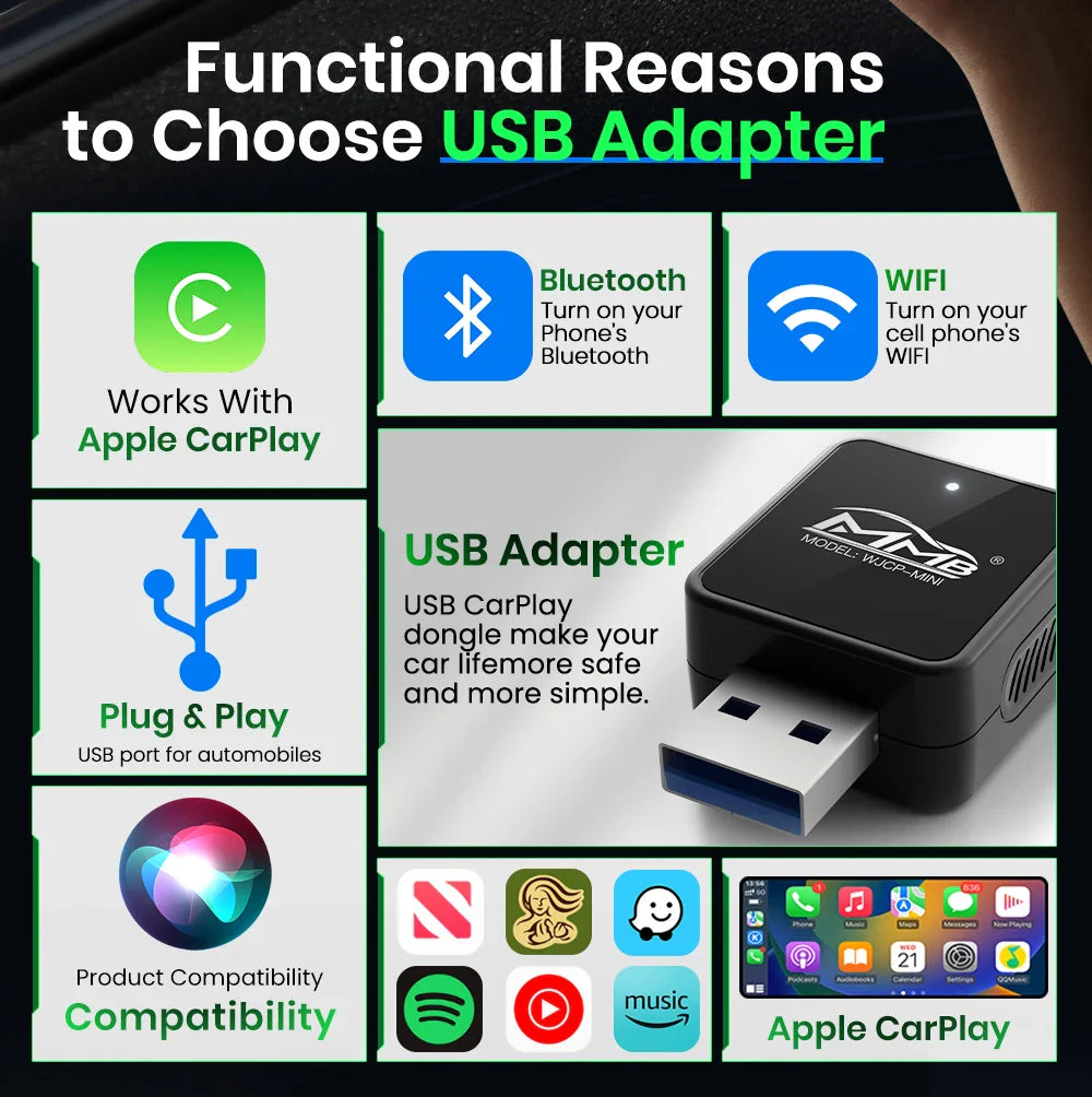 MMB Mini Wired to Wireless CarPlay Adapter – USB Plug & Play, Bluetooth 5.2 for Honda, Toyota Corolla, Peugeot 3008
