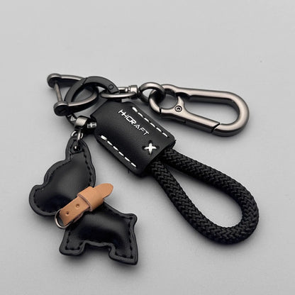 French Bulldog Leather Keychain - Handmade Braided Rope Key Holder with Anti-Loss Strap for Car, Women & Men