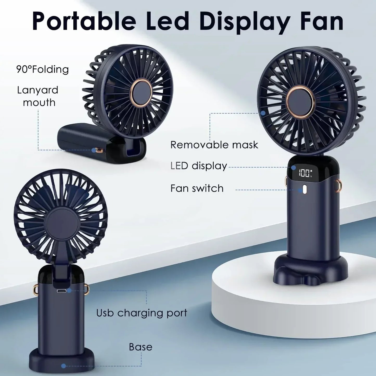 5000mAh Handheld Mini Fan – Wireless USB Rechargeable Portable Fan with Digital Display, Phone Holder, 5-Speed Foldable Neck Hanging Fan