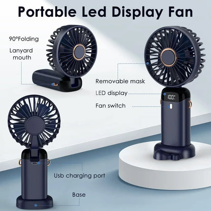 5000mAh Handheld Mini Fan – Wireless USB Rechargeable Portable Fan with Digital Display, Phone Holder, 5-Speed Foldable Neck Hanging Fan