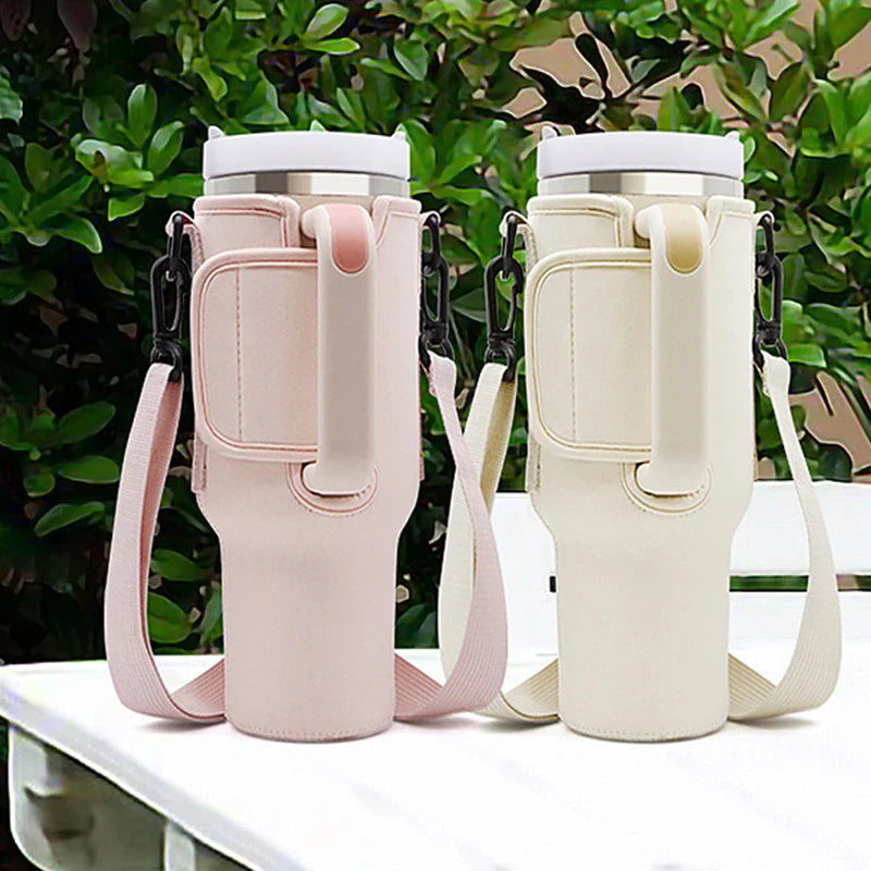 Water Bottle Carrier Bag — Adjustable Shoulder Strap Holder for 40oz Tumbler with Handle