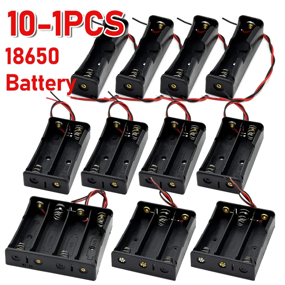10-in-1 Plastic 18650 Battery Holder — 1/2/3/4 Slot Storage Box with Wire Lead for 3.7V 18650 Batteries