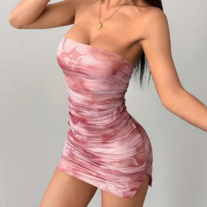 Women’s Y2K Print Mini Dress - Spaghetti Strap Off Shoulder Sleeveless Summer Party Dress