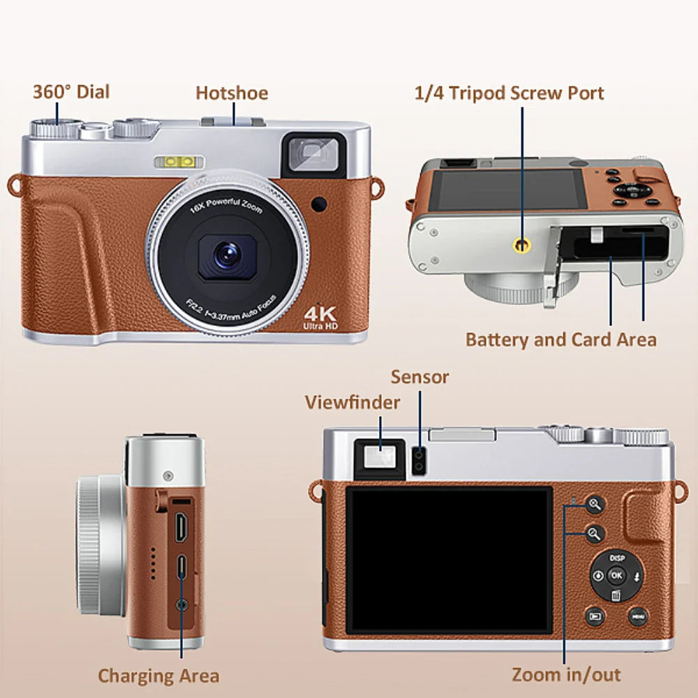 4K Digital Camera – 48MP Auto Focus Vlogging Camera for YouTube, Anti-Shake Video with Viewfinder, Flash & Dial
