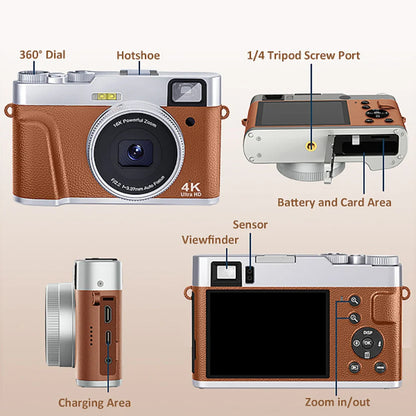 4K Digital Camera – 48MP Auto Focus Vlogging Camera for YouTube, Anti-Shake Video with Viewfinder, Flash & Dial