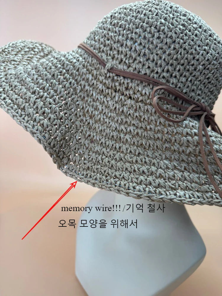 Women’s Holiday Beach Sun Hat – Large Brim Woven Straw Fisherman Hat with Bow, Seaside Sun Protection Panama Chapeau Korean Style