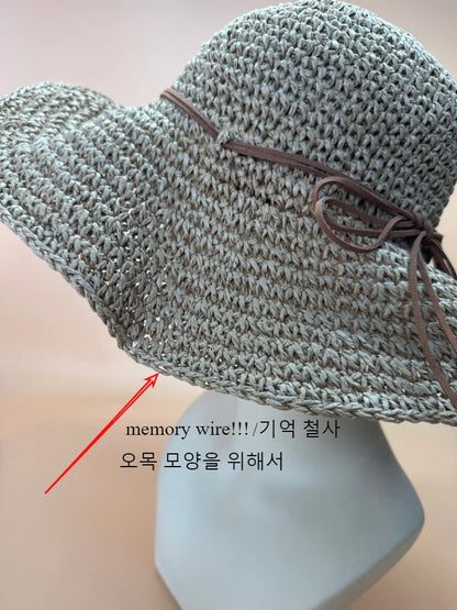 Women’s Holiday Beach Sun Hat – Large Brim Woven Straw Fisherman Hat with Bow, Seaside Sun Protection Panama Chapeau Korean Style