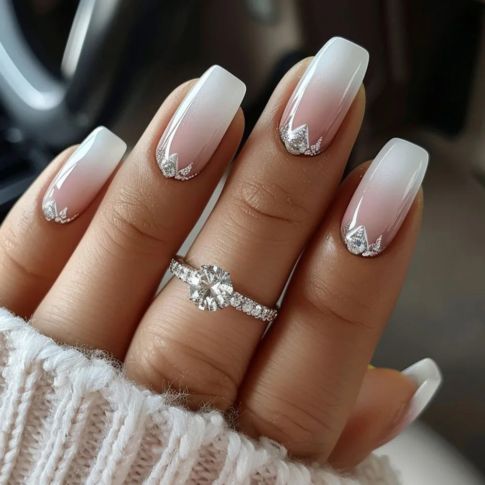24PCS Short Press On Nails - Shimmer Ballet French Full Cover Artificial Nail Tips for Daily Manicure Style