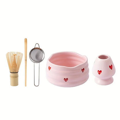 5PCS Pink Heart Matcha Set - Ceramic Tea Bowl with Bamboo Whisk, Scoop, Sifter & Holder