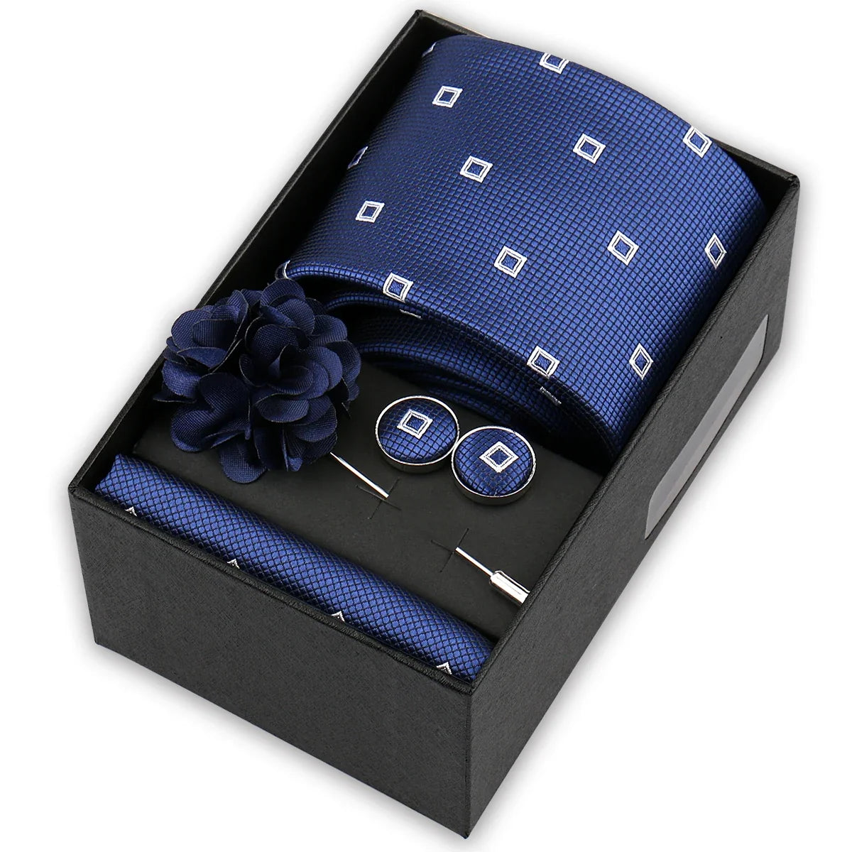 Men’s 4-Piece Tie Set Gift Box - Elegant Necktie with Handkerchief, Cufflinks & Brooch for Business, Wedding & Suit Accessories