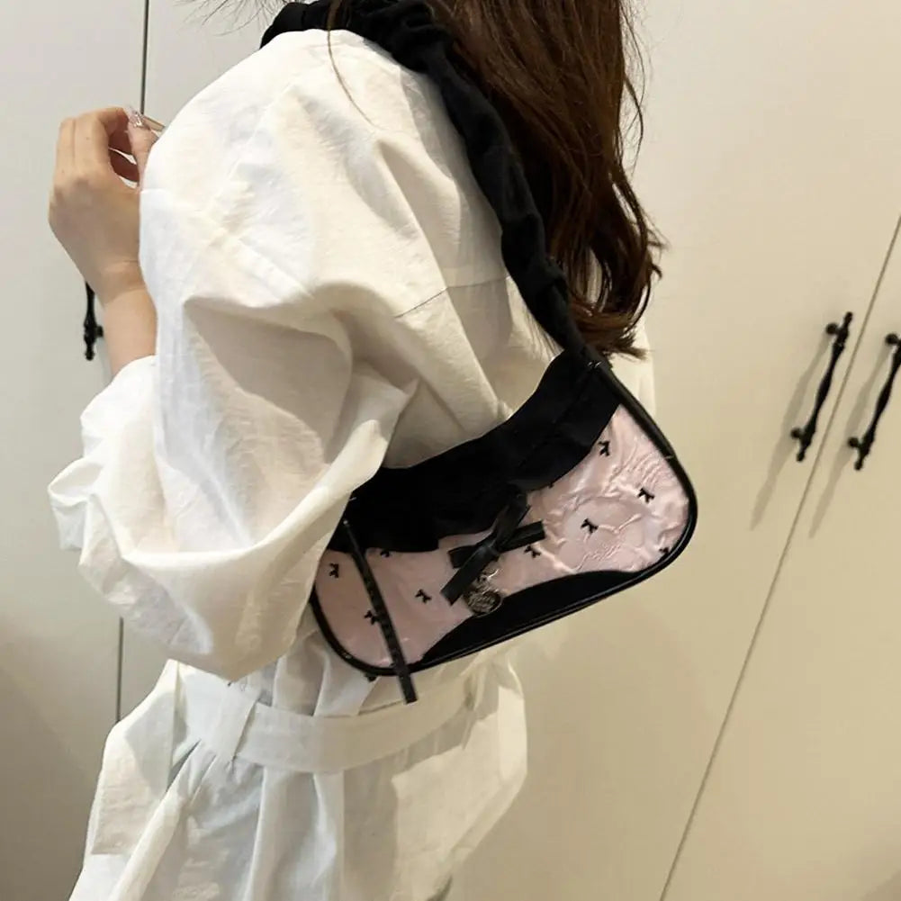 Fashion Grid Lace Shoulder Bag - Stretchable Ribbon Strap Underarm Handbag for Women, Students & Daily Commuting