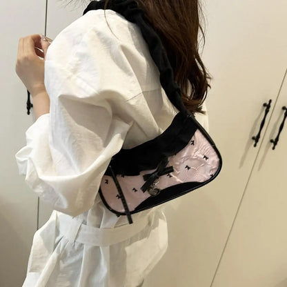 Fashion Grid Lace Shoulder Bag - Stretchable Ribbon Strap Underarm Handbag for Women, Students & Daily Commuting