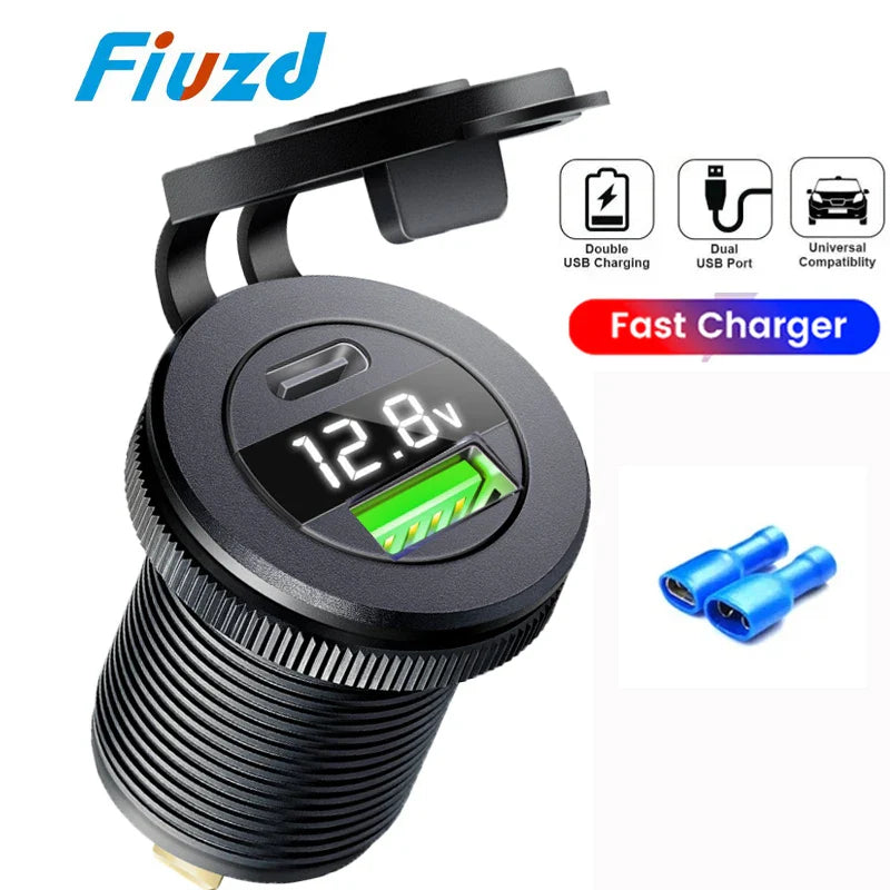 USB Car Charger PD 3.0 Quick Charge Power Socket with LED Voltmeter 12V/24V Waterproof Dual Port for Car Boat Universal Power Outlet