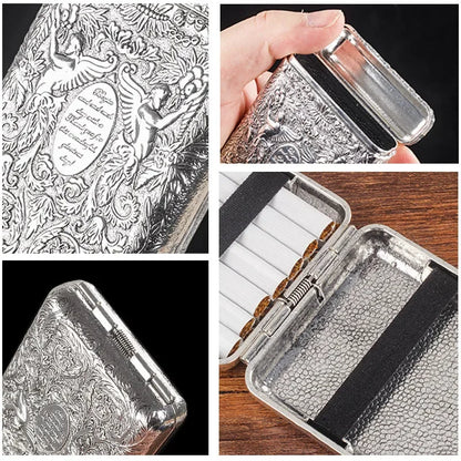 Retro Carved Metal Cigarette Case - Luxury Pocket Tobacco Holder for 14 Cigarettes & Smoking Accessories