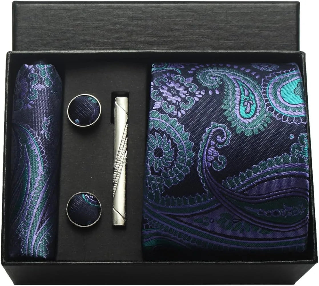 100% Silk Paisley Floral Necktie Set for Men - Premium Business Tie with Pocket Square Tie Clip Cufflinks Gift Box