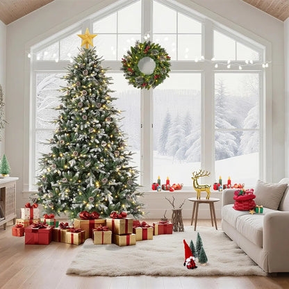 Pre-Lit Snow Flocked Christmas Tree with LED Lights & Pine Cones — 6ft, 7.5ft, 9ft Artificial Holiday Tree for Home Decor