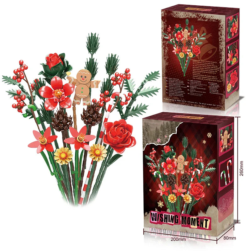 865PCS Gingerbread Man Christmas Bouquet Building Block Set – DIY Flower Plant Bricks, Decorative Toy for Kids & Adults