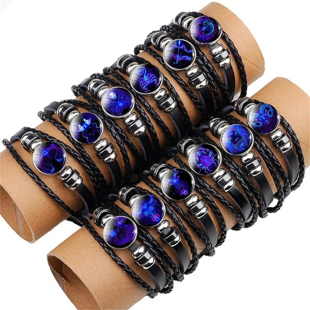 Men’s Zodiac Sign Leather Bracelet | 12 Constellation Black Braided Wrap | Punk Style Multilayer Bracelet for Birthday Gifts