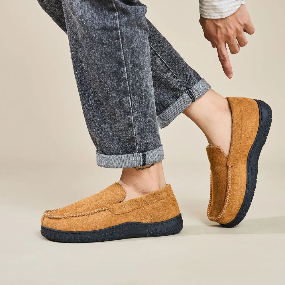Men's Fleece-Lined Moccasin Slippers - Warm Closed-Back Non-Slip Indoor & Outdoor Winter Shoes