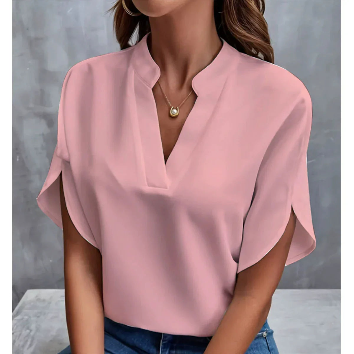 Women’s V-Neck Summer Blouse - Casual Solid Half Sleeve Loose Fit Elegant Office Pullover Shirt Top