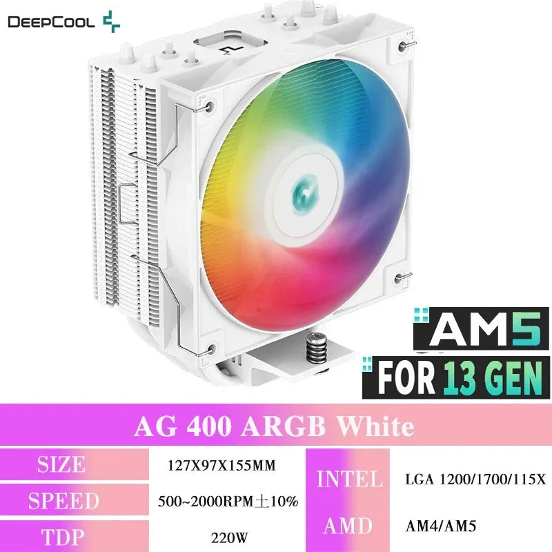 DEEPCOOL AG400 ARGB CPU Air Cooler – 4 Heat Pipes PWM 220W TDP Radiator for Intel LGA1700/1200/115X & AMD AM4/AM5 High Performance Cooling Fan