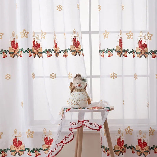 Snowflake Embroidered Tulle Curtain - Christmas Window Screen Sheer Decor for Living Room Bedroom
