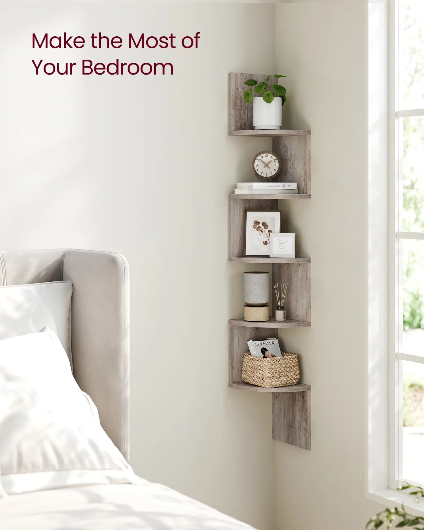 VASAGLE 5-Tier Corner Wall Shelf – Floating Bookshelf & Plant Display for Bedroom, Living Room, Bathroom, Home Office