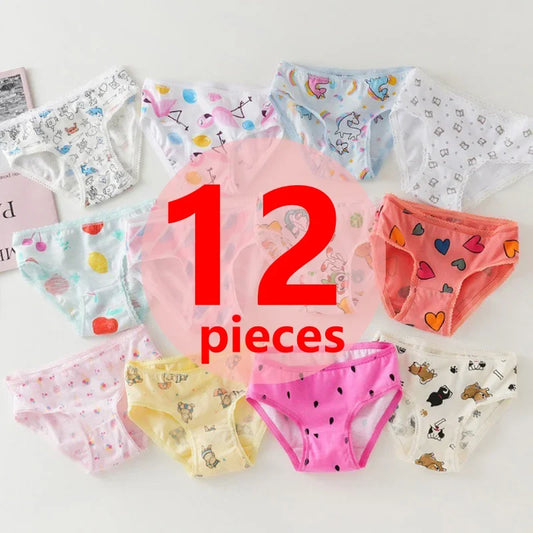 3/6/9/12 Pcs Cotton Girls Kids Underwear - Cute Cartoon Print Briefs with Lace Trim Soft Children Short Panties