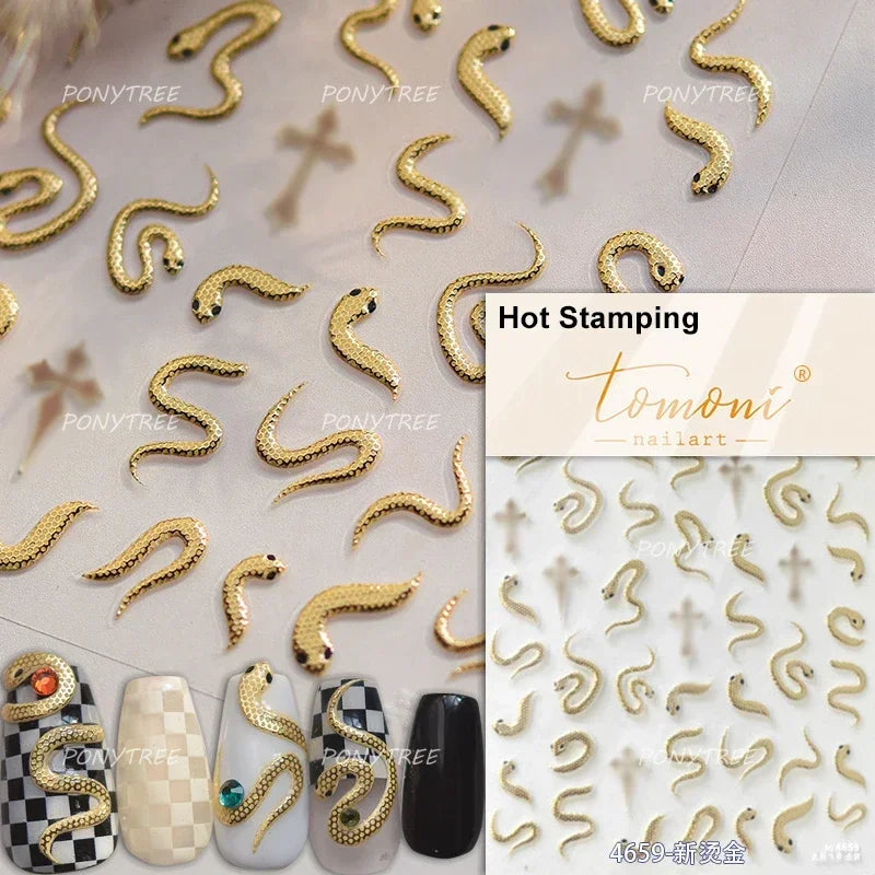 5D Gold Stamped Nail Art Stickers - Silver Sun Stars Snake Chinese Style Self-Adhesive Manicure Decals