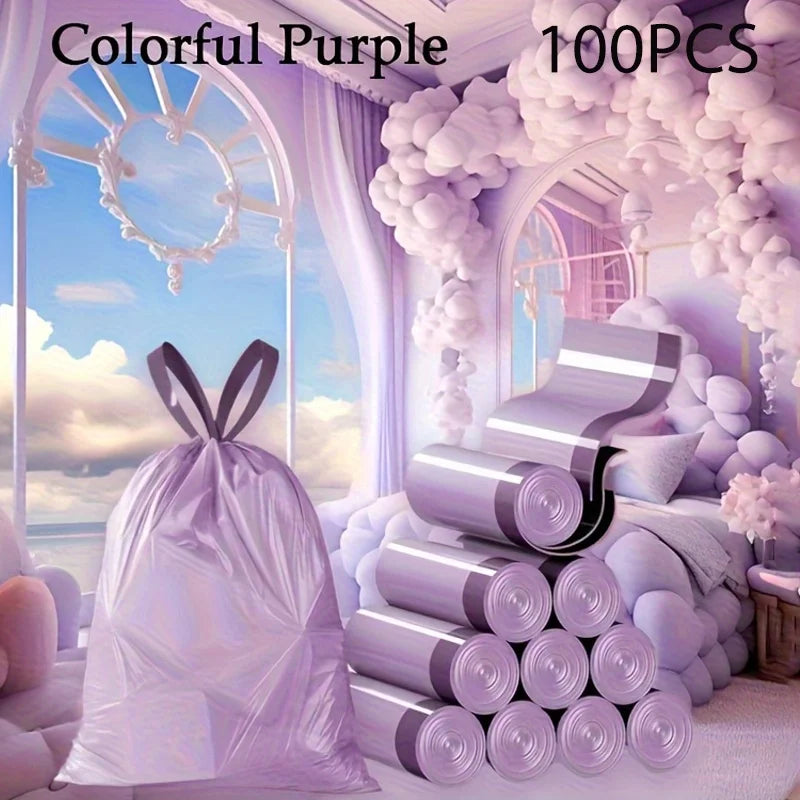 Purple Drawstring Trash Bags 100-Pack – Thick Leak-Proof Disposable Garbage Bags for Kitchen Bathroom Home Use Bin Liners