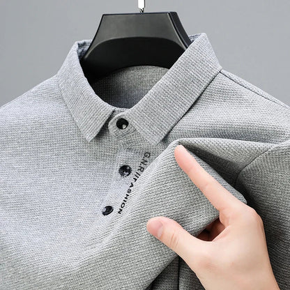 Men's Waffle Long Sleeve Polo Shirt - Letter Print Casual Lapel Top