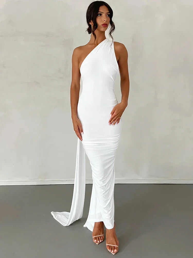 Hugcitar One Shoulder Backless Maxi Dress for Women – Adjustable Scarf Ruched Sexy Elegant Y2K Festival & Streetwear Party Outfit