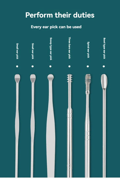6pcs Stainless Steel Ear Wax Removal Tool Set – Spiral Rotating Ear Picker Spoon for Cleaning & Collecting Ear Wax
