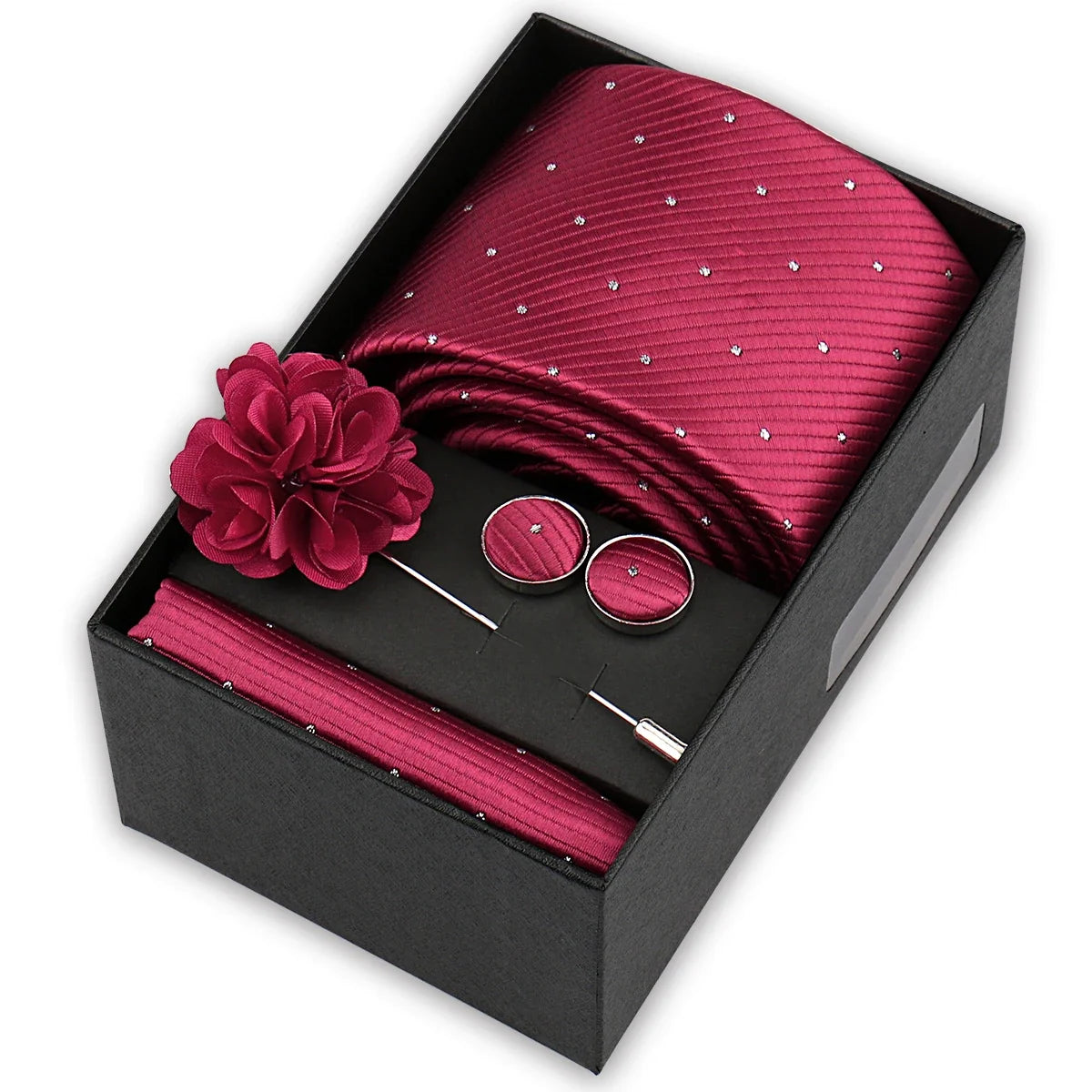 Men’s 4-Piece Tie Set Gift Box - Elegant Necktie with Handkerchief, Cufflinks & Brooch for Business, Wedding & Suit Accessories