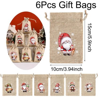 6pcs Christmas Linen Drawstring Gift Bags - Burlap Candy Biscuit Pouches for Holiday Decor & Xmas Gift Packaging