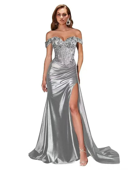 Dark Navy Off-Shoulder Prom Dress – Sweetheart Beaded Lace Evening Gown with High Side Slit, Corset Formal Party Dress 2025