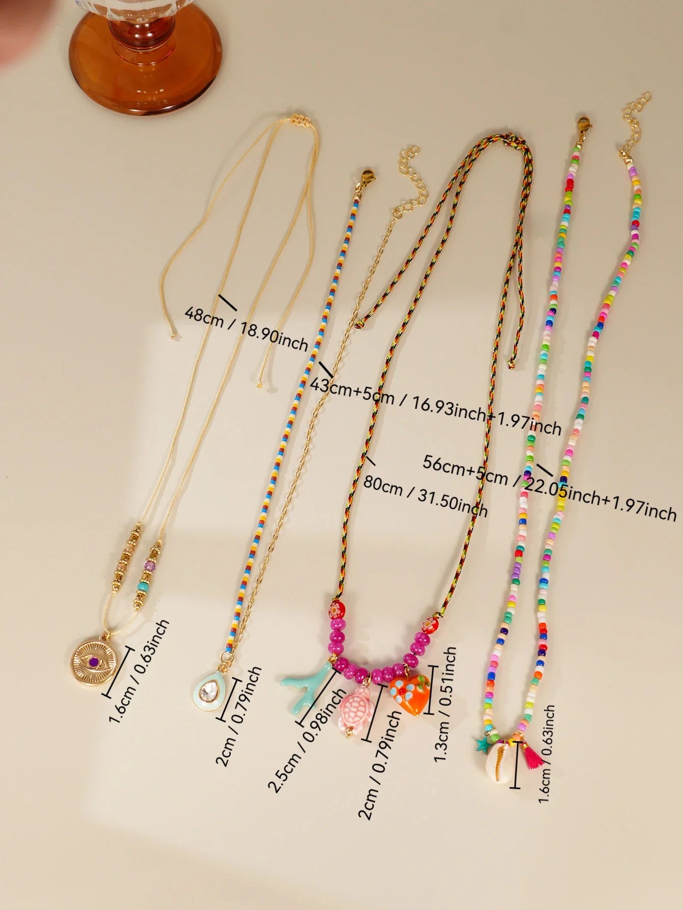 4pcs Bohemian Charm Necklace Set - Ethnic Devil’s Eye, Love Turtle Ceramic Pendant Multi Layer Party Jewelry