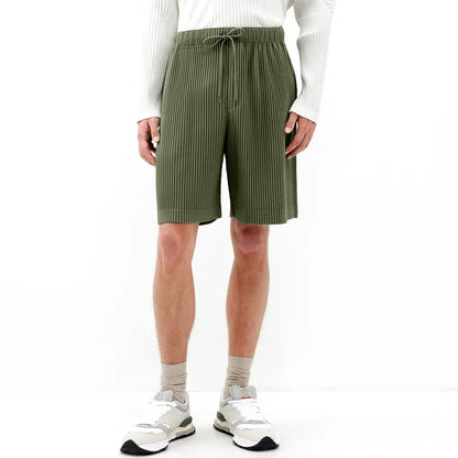 ISSEY 2026 Miyake Pleated Shorts - Men's Loose Draped Straight Leg Drawstring Cropped Pants