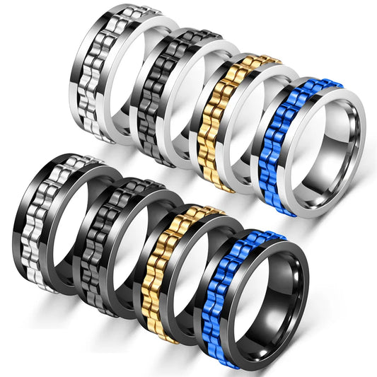 Stainless Steel Fidget Ring - Rotating Gear Chain Anti-Stress Anxiety Relief Ring for Men Size 6-13