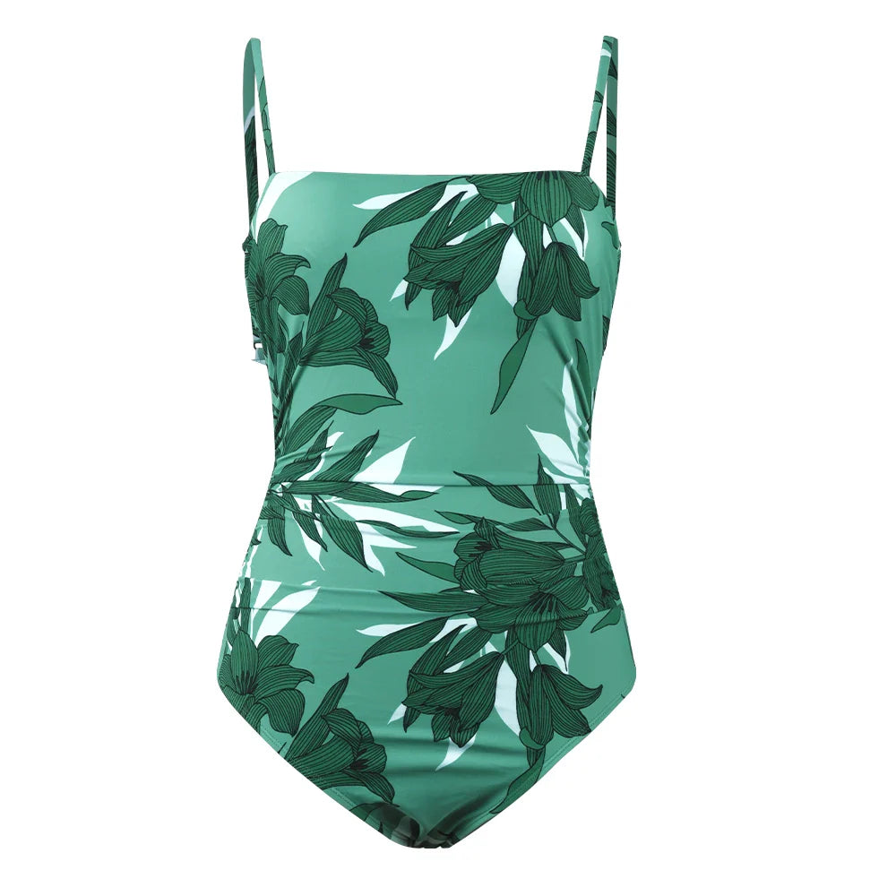 CUPSHE Leaf Print Square Neck One-Piece Swimsuit for Women – Sexy Backless Shirred Monokini Swimwear 2023 Beach Bathing Suit