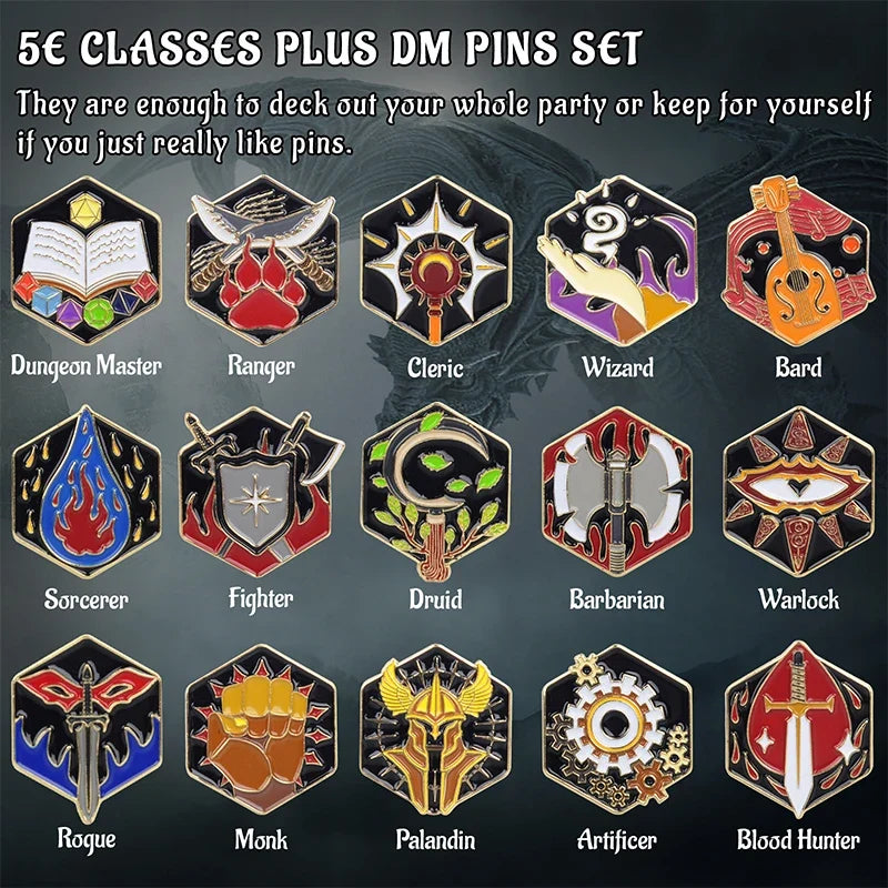 DND 5E Character Class Enamel Pin Set - 15PCS Dungeon Master RPG Badges Nerd Collection Gift