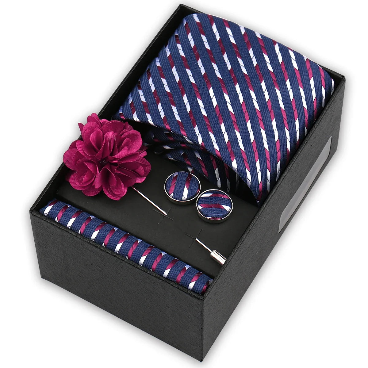 Men’s 4-Piece Tie Set Gift Box - Elegant Necktie with Handkerchief, Cufflinks & Brooch for Business, Wedding & Suit Accessories