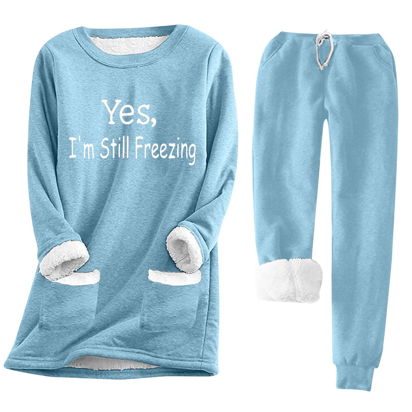 Women's Autumn Winter Fleece Pajama Set - Long Sleeve Sweatshirt & Drawstring Waist Pocket Pants
