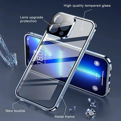 360° Full Protection Magnetic Metal Phone Case - Double Sided Glass Snap Lock Bumper Cover for iPhone 16 Pro Max 15 14 13 12 11 Pro Max