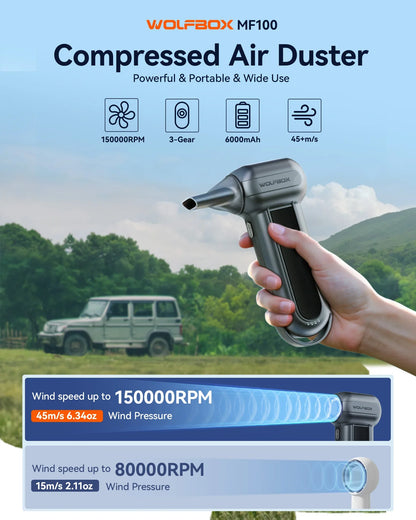 WOLFBOX MF100 Compressed Air Duster – 150000RPM Rechargeable Electric Fan Blower for Cleaning with Long Battery Life