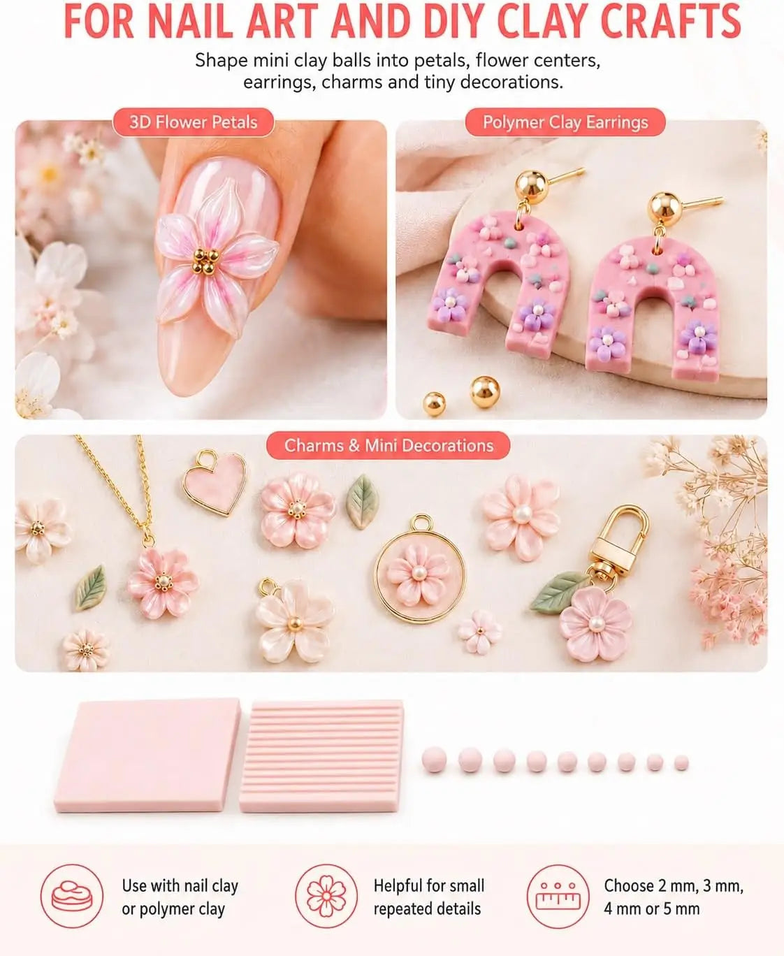 3D Nail Art Gel Bead Roller Set -  Clay Ball Maker Tool for 2mm 3mm 4mm 5mm 3D Flowers