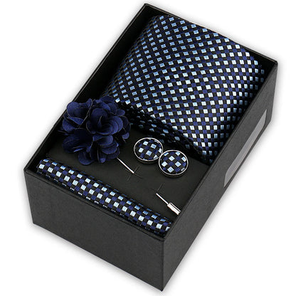 Men’s 4-Piece Tie Set Gift Box - Elegant Necktie with Handkerchief, Cufflinks & Brooch for Business, Wedding & Suit Accessories