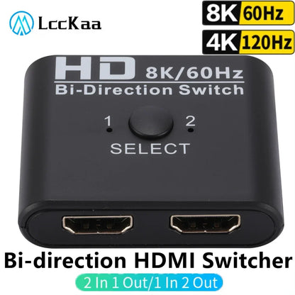 8K 60Hz HDMI Switch - 4K 120Hz Bi-Directional 2-Port HDMI Splitter for Laptop, PC, Xbox, PS3/4, TV, Monitor, Projector