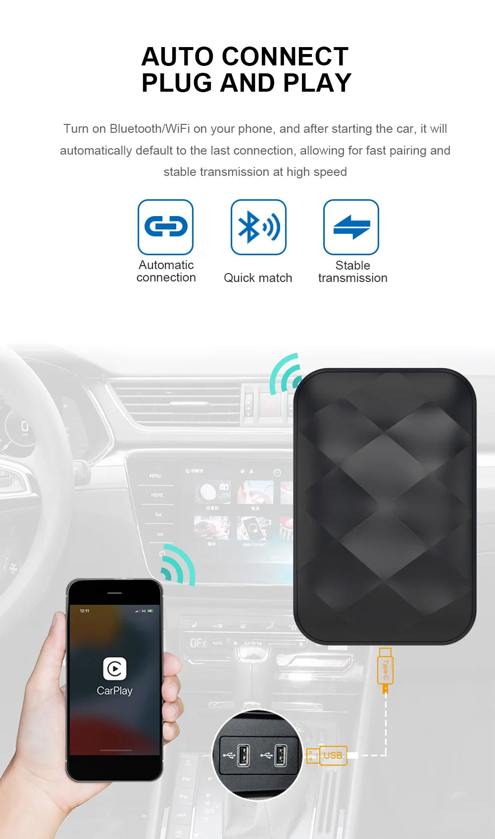 Acodo 2025 Android 14 3-in-1 CarPlay AI Box Wireless Adapter for Android Auto, YouTube & Netflix – Universal Plug and Play TV Box